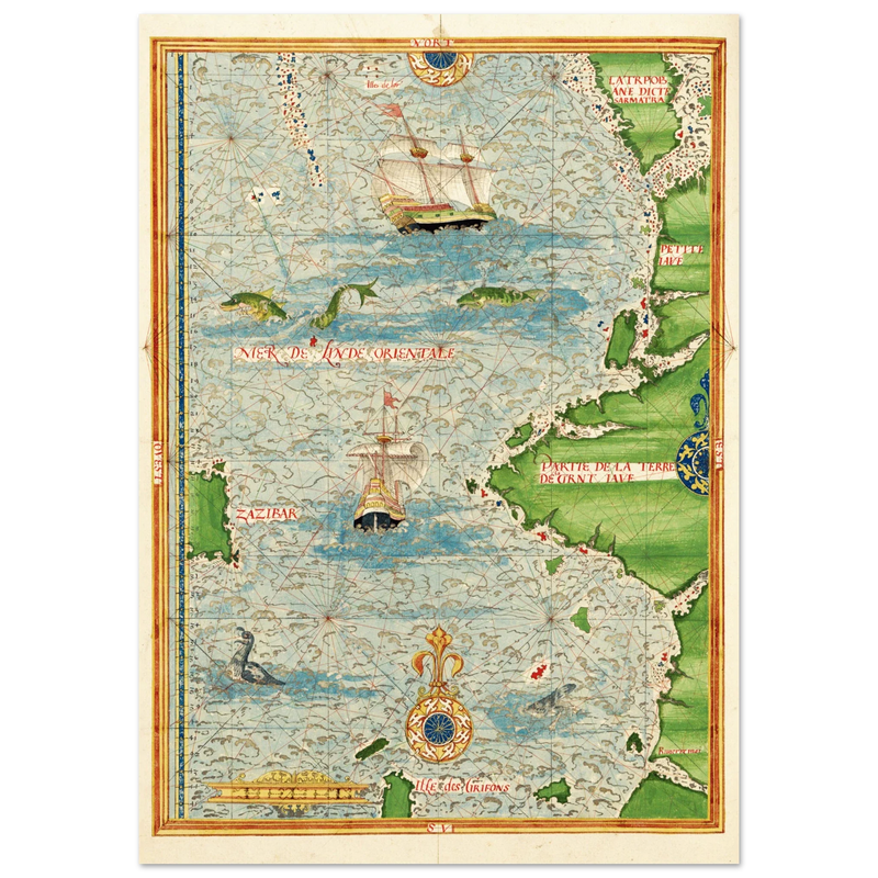 Ancient illustrated beautiful map poster reproduction by Guillaume Le Testu 1555