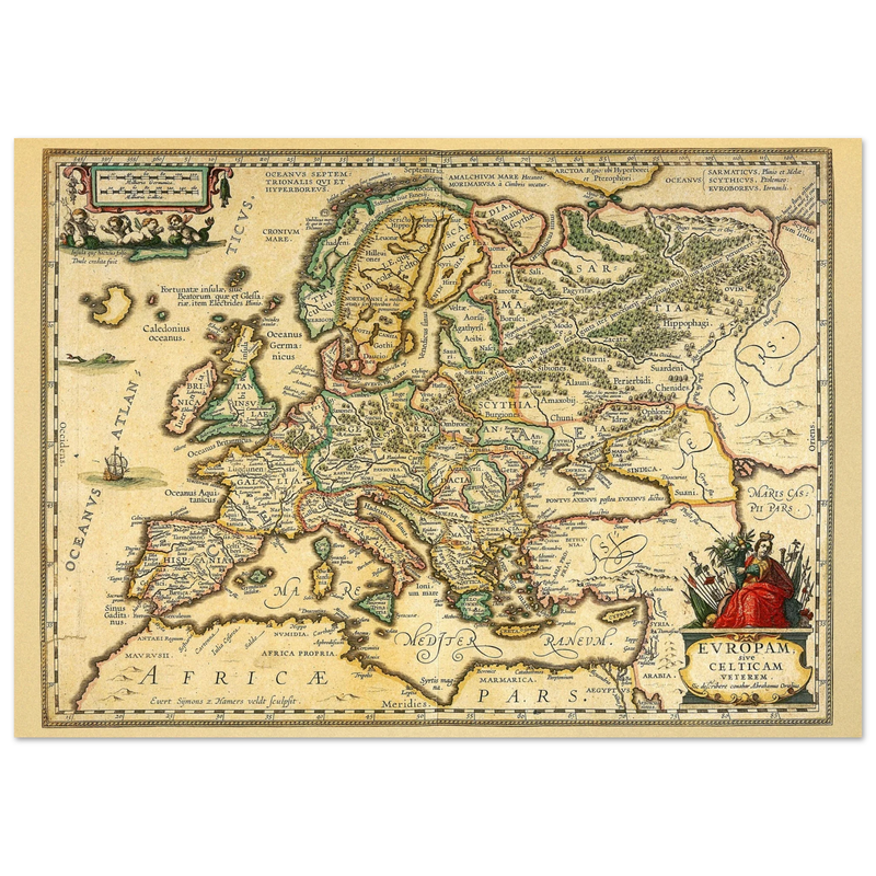 Ancient map of Europe print by Ortelius. Vintage old map reproduction poster..
