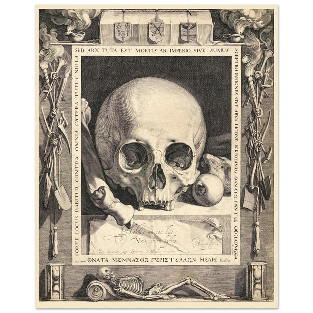 Memento Mori by Jan Saenredam, Abraham Bloemaertca.  Historical engraving .