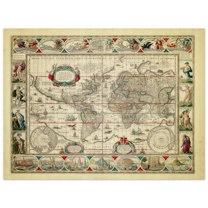 Ancient old world map 1638. Noua totius terrarum orbis geographica ac hydrographica tabula by Willem Janszoon Blaeu