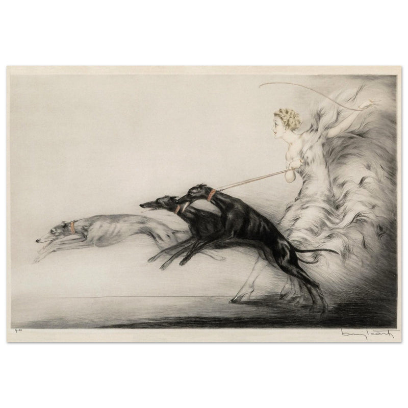 Louis Icart Speed 1927 Woman with greyhound dogs on the leash.