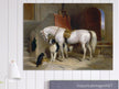 White horse in stable with dogs antique painting by Edwin Landseer.
