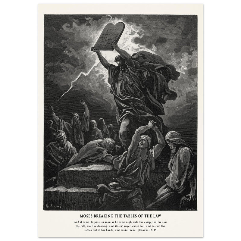 Gustave Dore The Bible engraving print . Moses breaking the Tables of the Law .