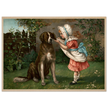 Girl in pink dress and white bonnet with dog vintage illustration poster by Knapp 1892