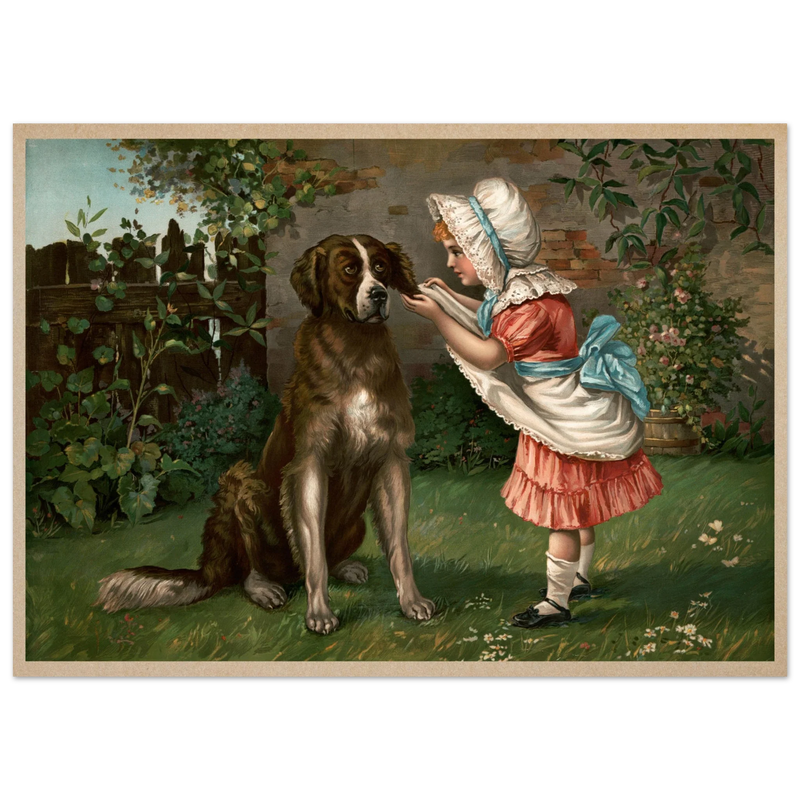 Girl in pink dress and white bonnet with dog vintage illustration poster by Knapp 1892