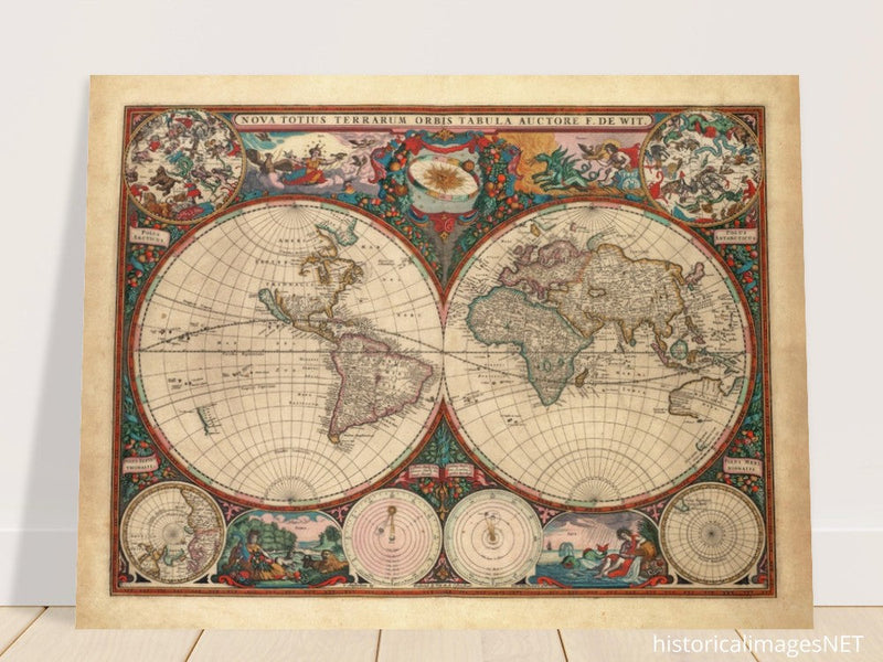 1660 Ancient old world map. Double hemisphere antique map reproduction.