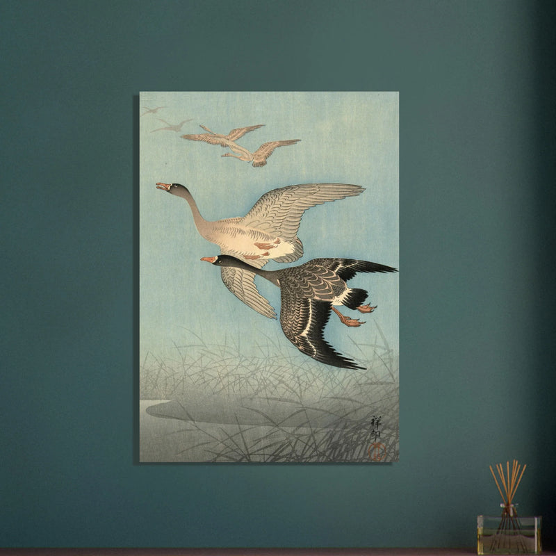 Ohara Koson White fronted geese in flight.