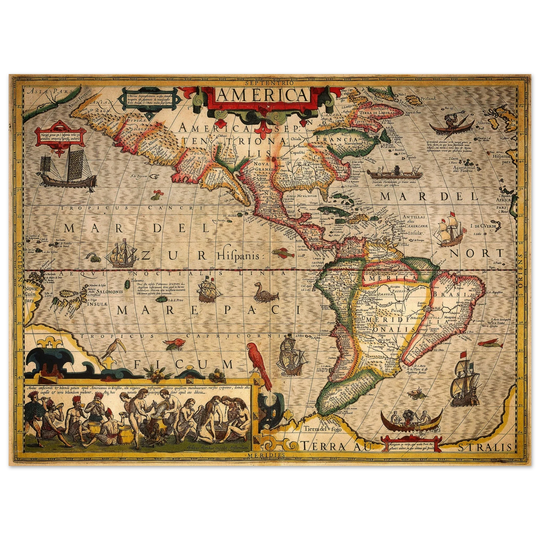 America old map print. Poster reproduction of the american continent year 1630 by Hendrik Hondius