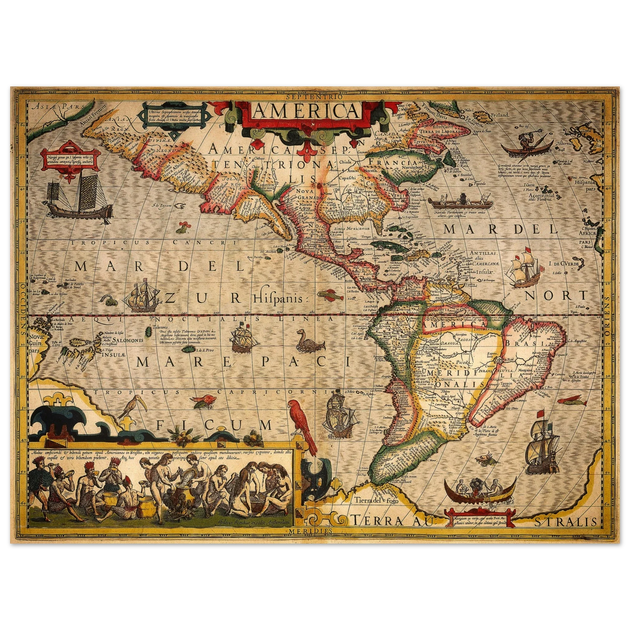 America old map print. Poster reproduction of the american continent year 1630 by Hendrik Hondius