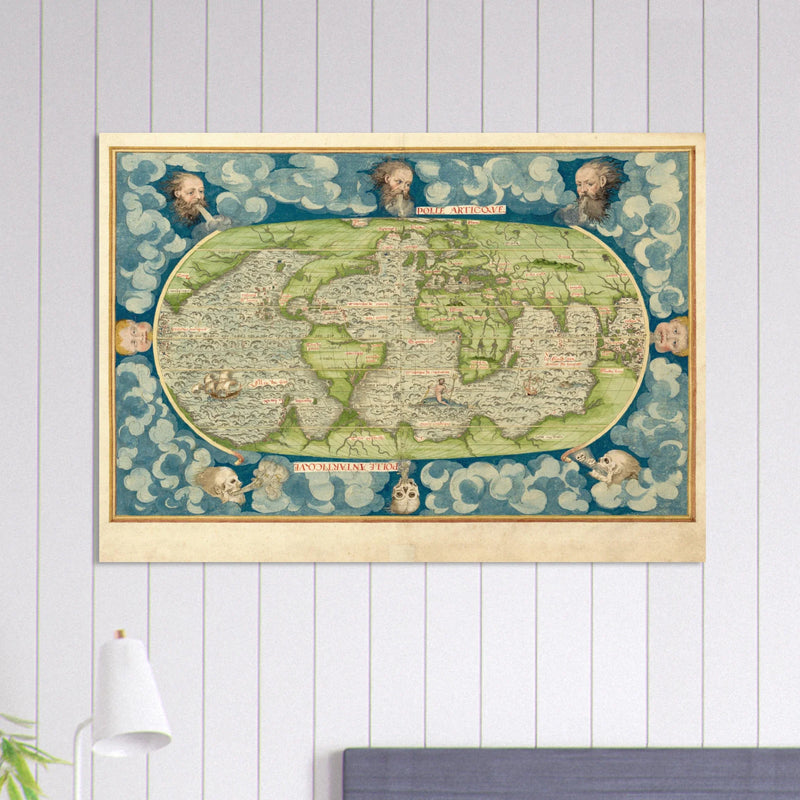 Ancient vintage old map of the world poster reproduction by Guillaume Le Testu 1555