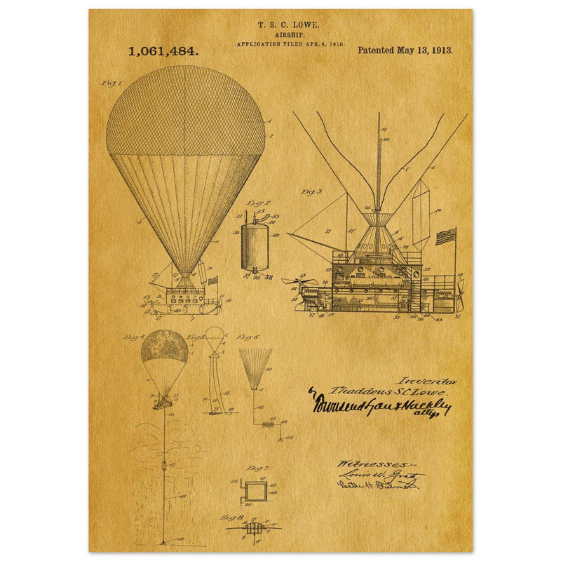 Airship patent illustration by T S C Lowe. Air Balloon