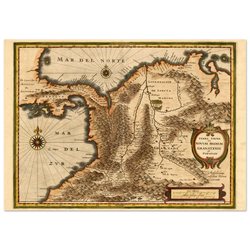 Ancient map print of Central America and the northwestern part of South America 1631.