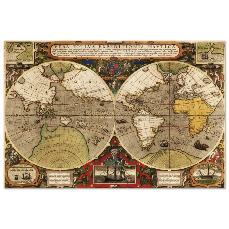 Vera Totius Expeditionis Nauticae double hemisphere map by Jodocus Hondius