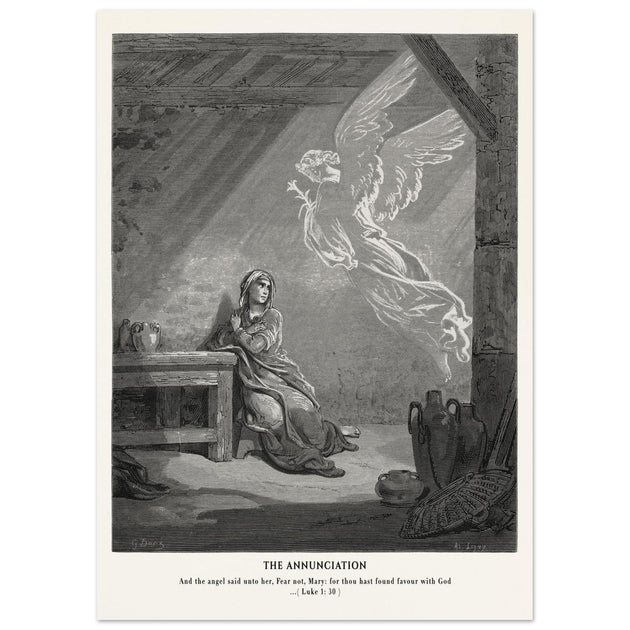Gustave Dore The Bible engraving print . The Annunciation illustration .
