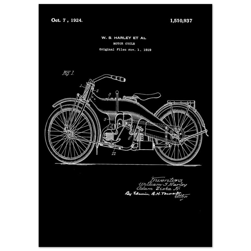 Vintage motorcycle patent by William S Harley founder of harley davidson.