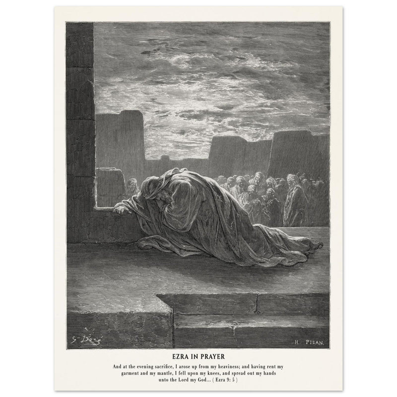 Gustave Dore The Bible engraving print . Ezra in prayer illustration .