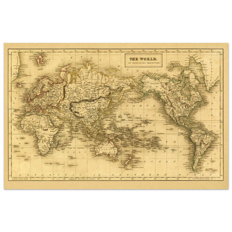 Ancient map of the world. The world on Mercator projection