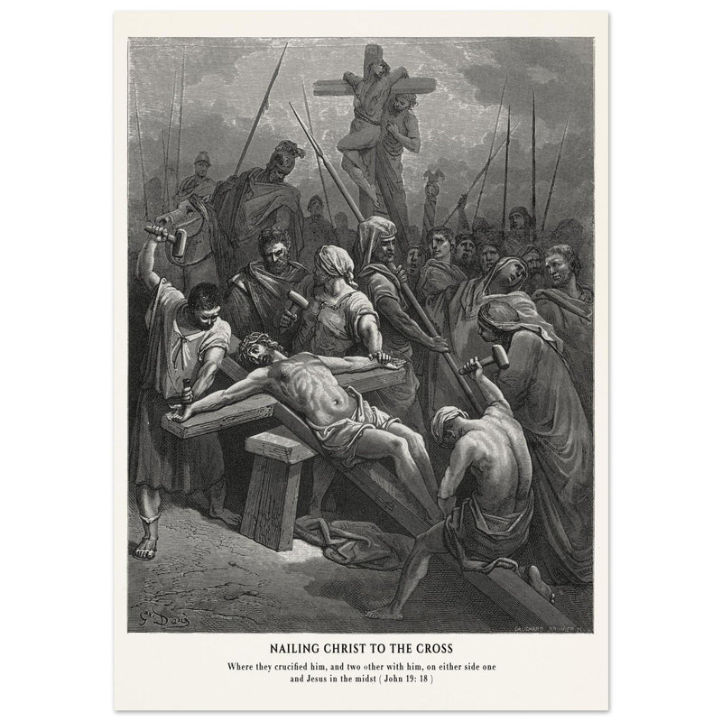 Gustave Dore The Bible engraving print . Nailing Christ to the cross illustration .