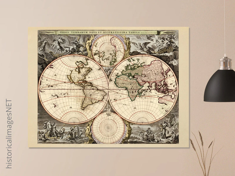Antique world map print reproduction of the XVII Century. Orbis terrarum nova by Nicolaes Visscher II