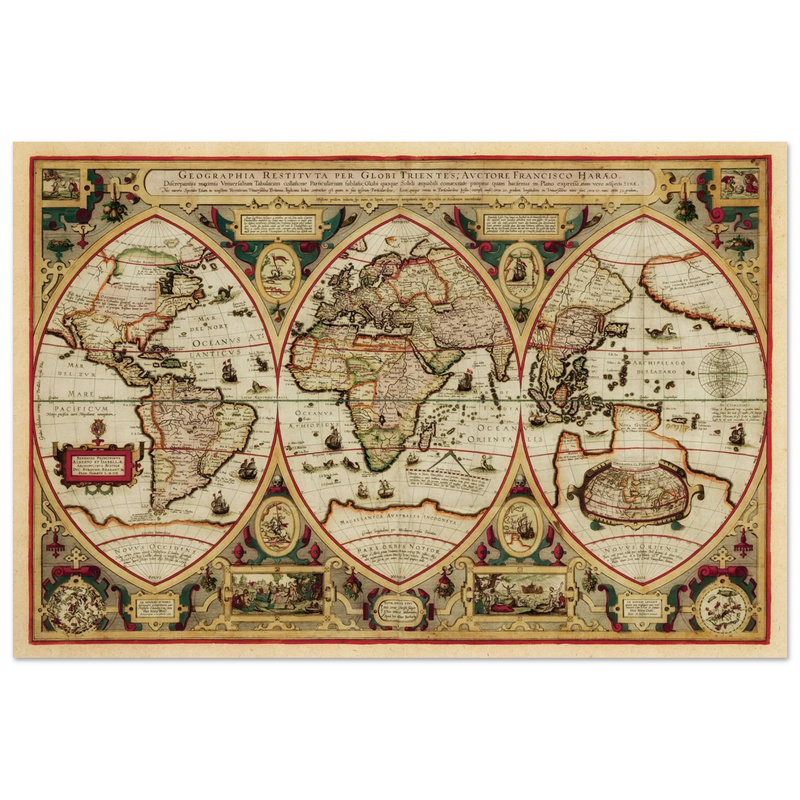 Ancient old world map of 1618. Geographica restituta per globi trientes by Franciscus Haraeus