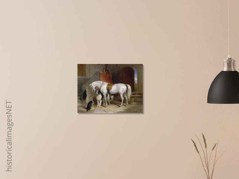 White horse in stable with dogs antique painting by Edwin Landseer.