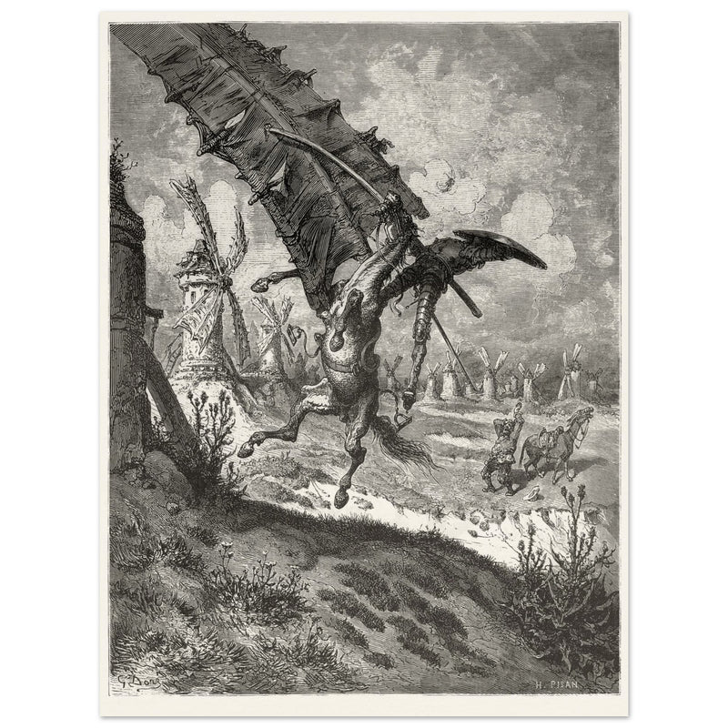 Don Quixote illustration by Gustave Dore. Fight with the wind mills .