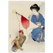 Woman with Japanese flag and a rooster by Takeuchi Keishu