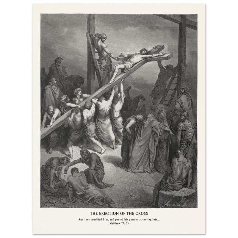 Gustave Dore The Bible engraving print . The Crucifixion  illustration .The erection of the cross.