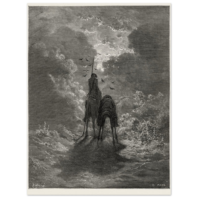 Don Quixote riding with Sancho Panza illustration by Gustave Dore.