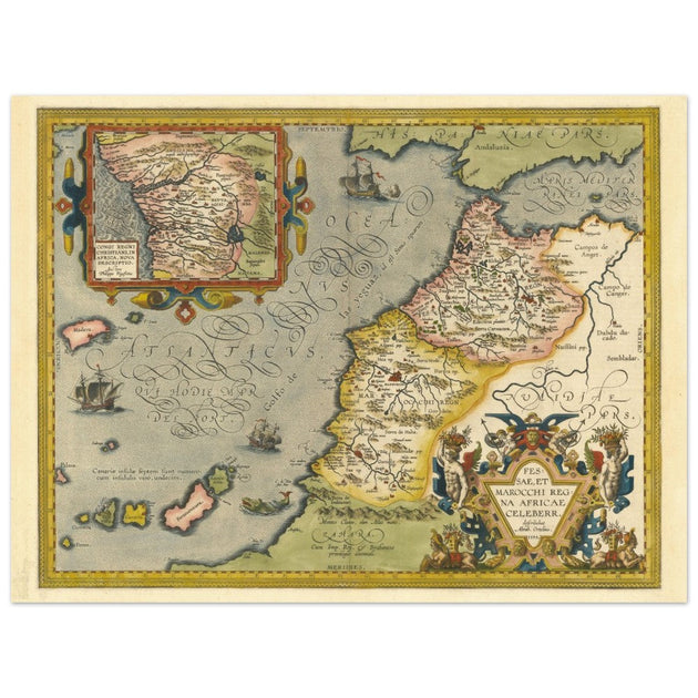 Old historic map of the Kingdoms of Fez and Morocco by Abraham Ortelius.  vintage map.