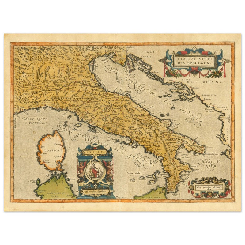 Ancient map of Italy by Abraham Ortelius. Vintage historic map.