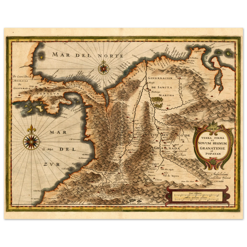 Ancient map print of Central America and the northwestern part of South America 1631.