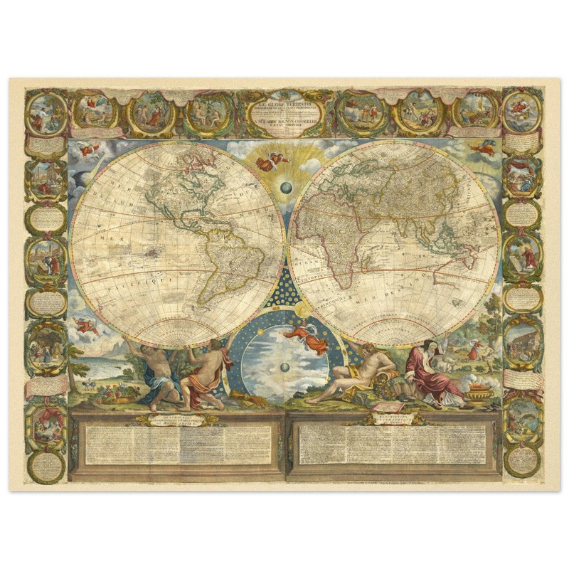 Beautiful illustrated world map of the XVIII Century. Vintage historic double hemisphere map.