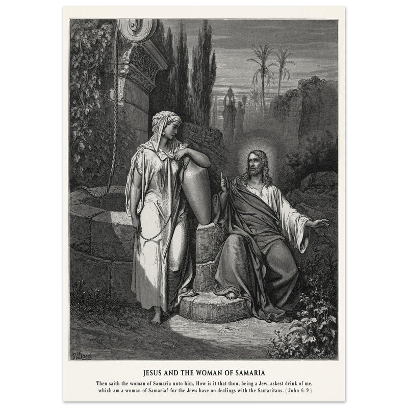Gustave Dore The Bible engraving print . Jesus and the woman of Samaria illustration .