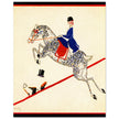 Aline Farrelly illustration for vintage fashion magazine cover woman on horse jumps over fence.
