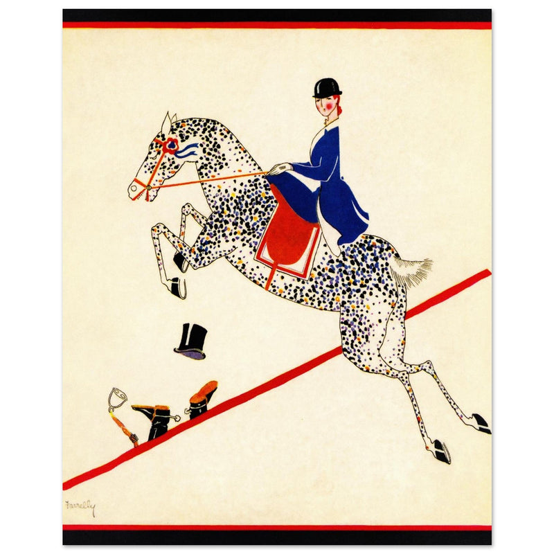 Aline Farrelly illustration for vintage fashion magazine cover woman on horse jumps over fence.