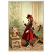 Young girl holding up piece of food in front of begging dog vintage illustration poster 1890