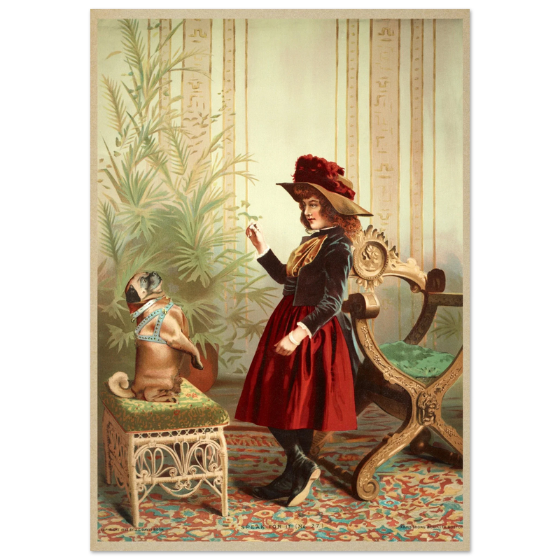 Young girl holding up piece of food in front of begging dog vintage illustration poster 1890