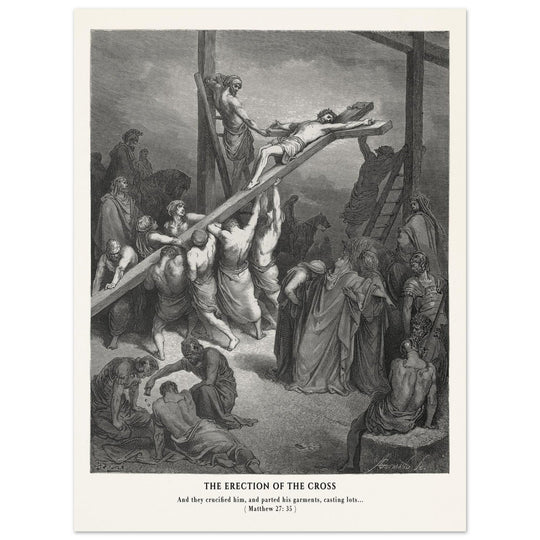 Gustave Dore The Bible engraving print . The Crucifixion  illustration .The erection of the cross.