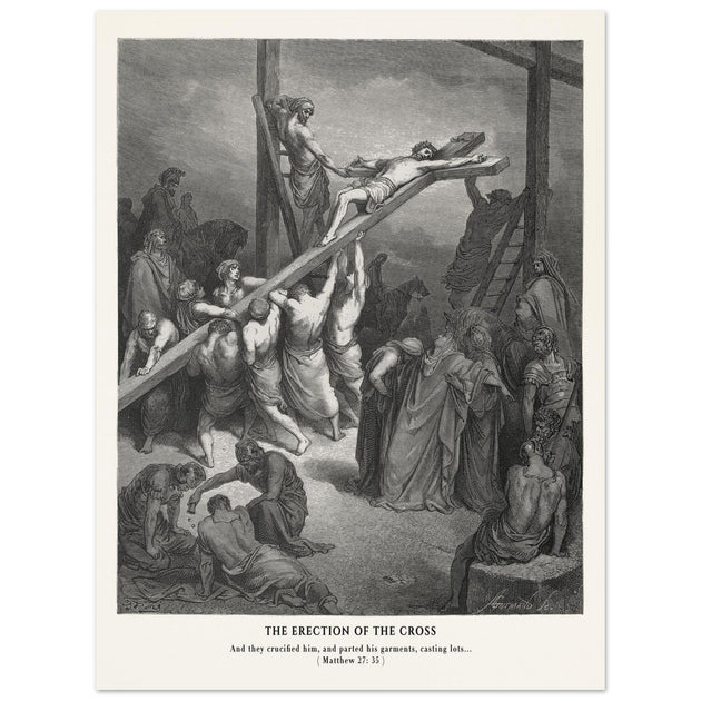 Gustave Dore The Bible engraving print . The Crucifixion  illustration .The erection of the cross.