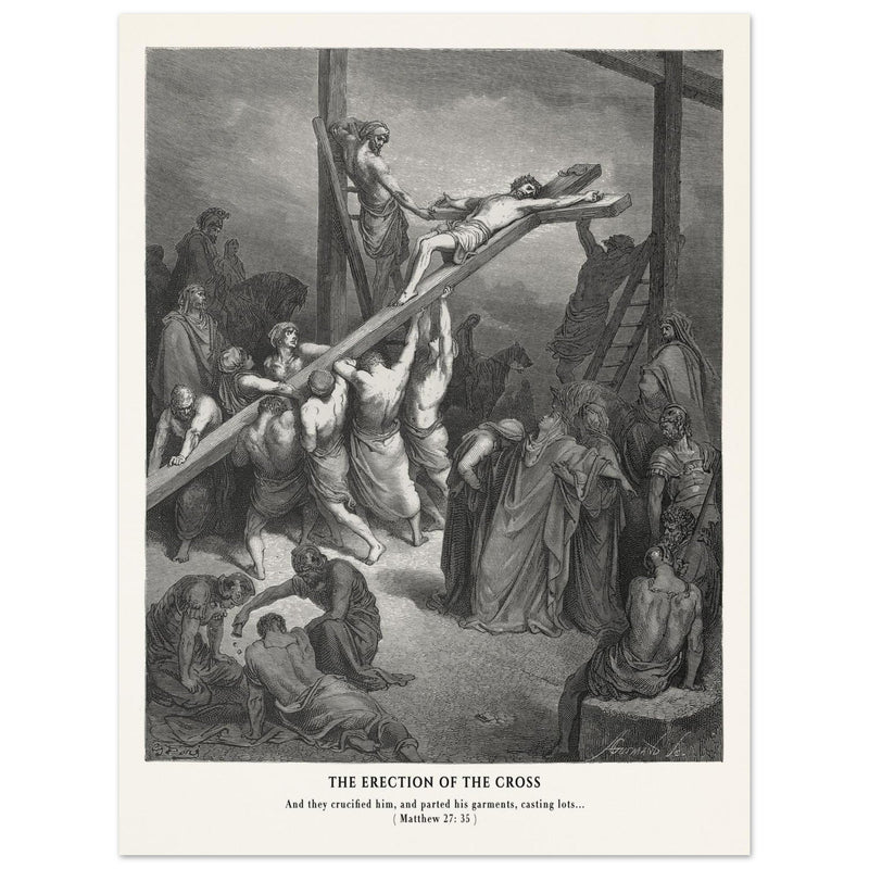Gustave Dore The Bible engraving print . The Crucifixion  illustration .The erection of the cross.