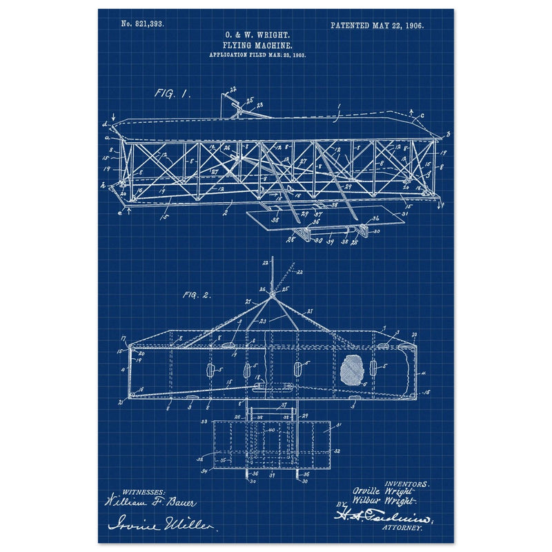 Flying machine patent 1906 by the Wright brothers. Vintage airplane.