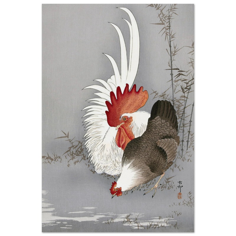 Rooster and chicken by Ohara Koson