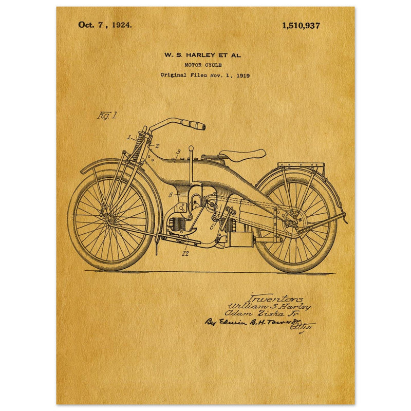 Vintage motorcycle patent by William S Harley founder of harley davidson.