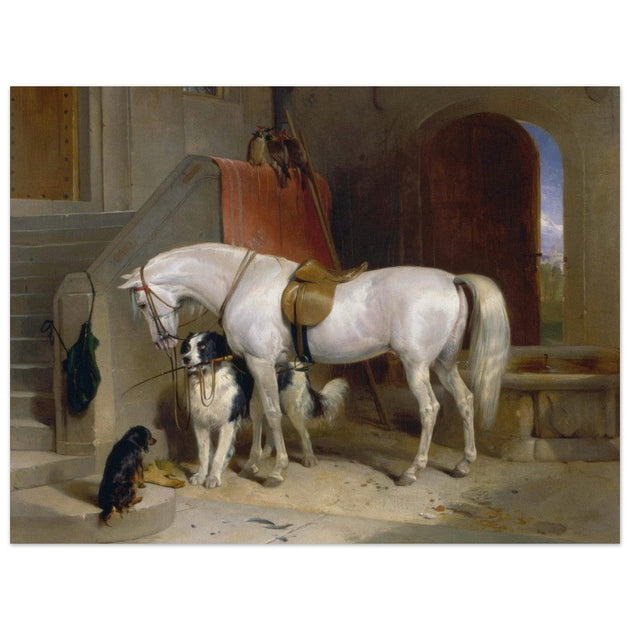 White horse in stable with dogs antique painting by Edwin Landseer.