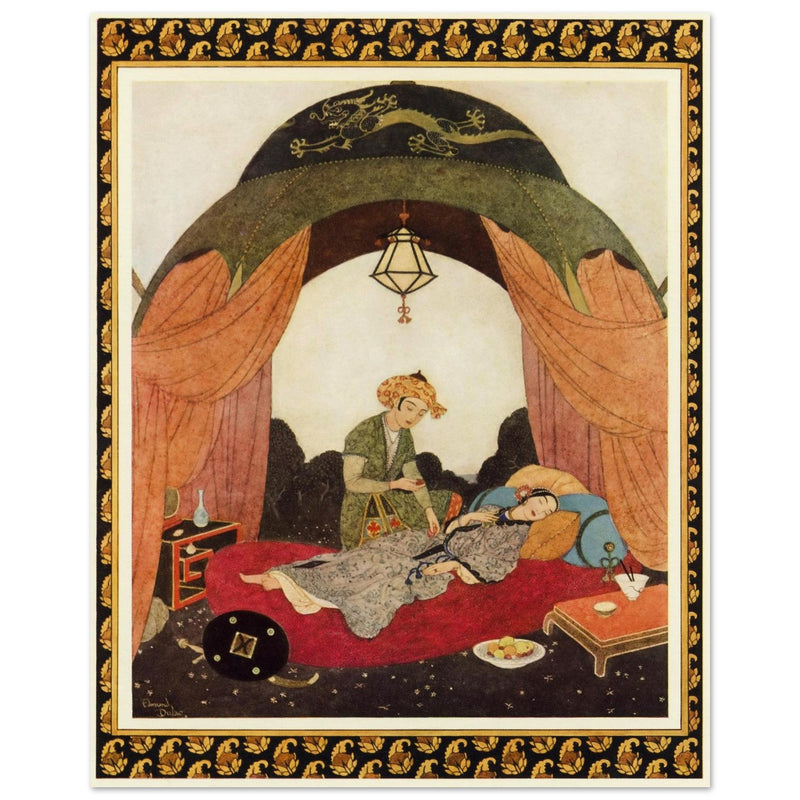 Edmund Dulac and one of his illustration for Princess Badoura fairy tale. Camaralzaman Finds the Talisman .