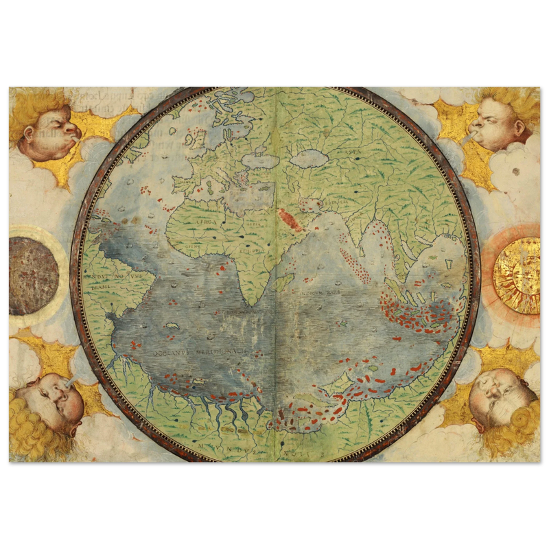 Vintage nautical world map poster reproduction by Lopo Homem 1519