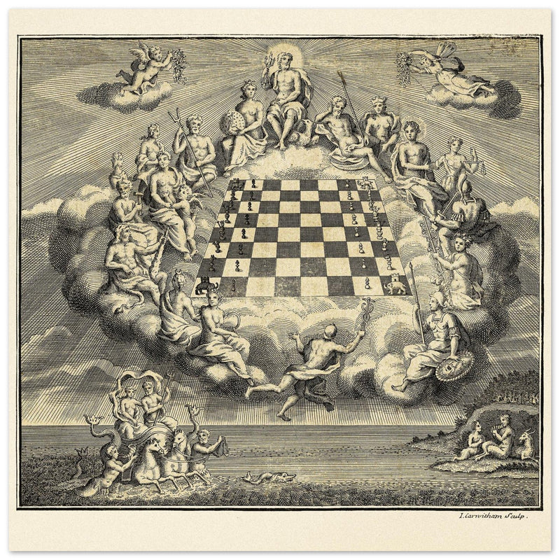 Gods of Olympus Surrounding a Chess Board by John Carwitham .