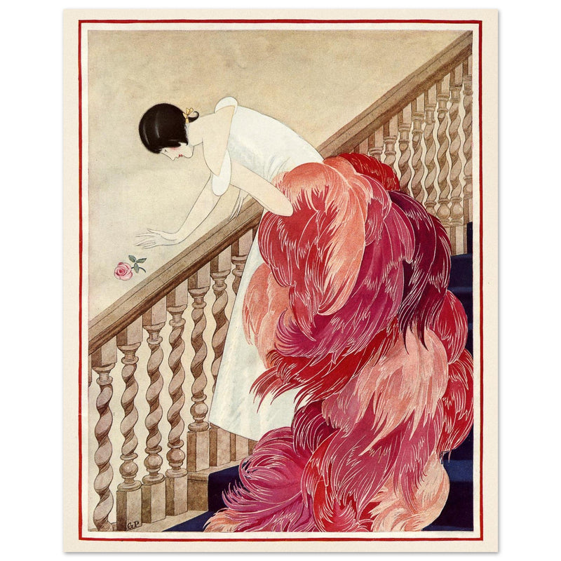 George Wolfe Plank vintage fashion magazine illustration. Woman on staircase throwing down rose flower.