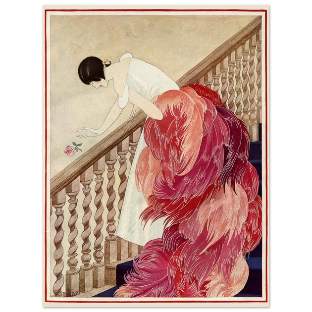 George Wolfe Plank vintage fashion magazine illustration. Woman on staircase throwing down rose flower.